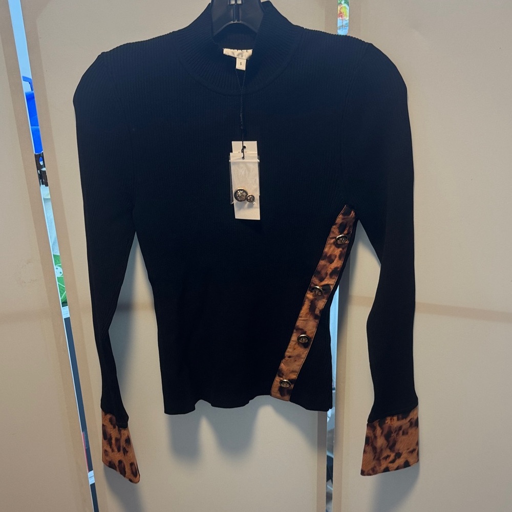 Milly Black Ribbed Long-Sleeve Top with Leopard-Print Trim